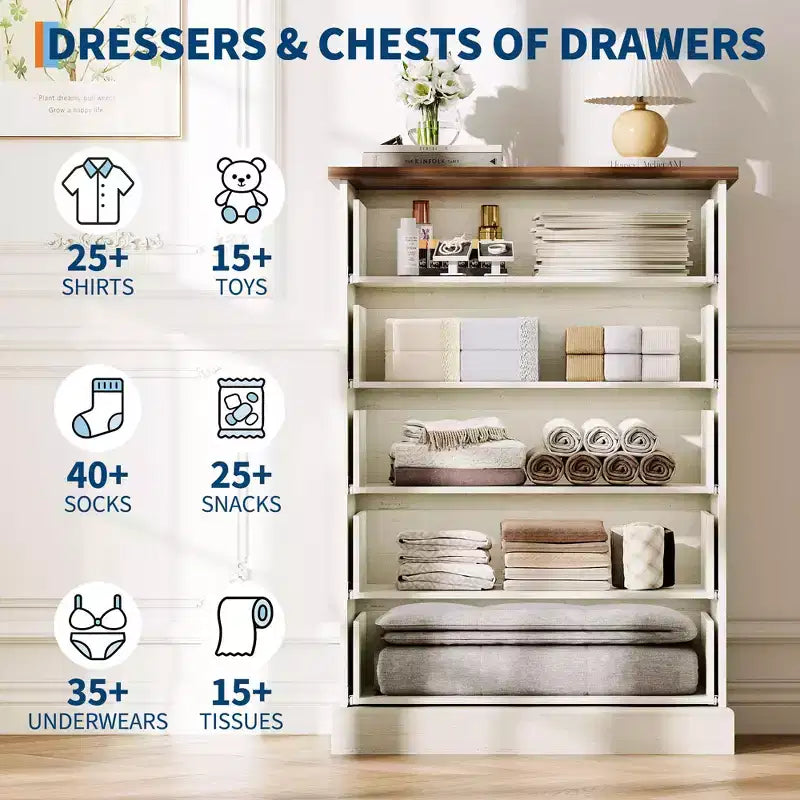 5 Drawer Tall Dresser for Bedroom, Fluted Vertical Chest of Drawers, Wood Storage Dresser with Metal Handles, Space Saving Dresser