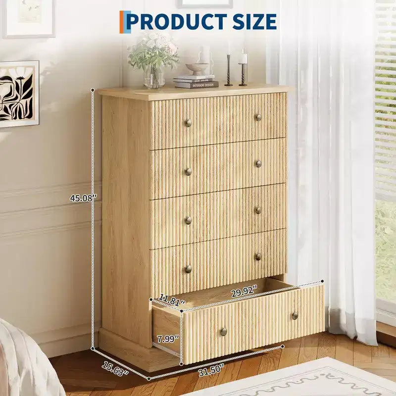 5 Drawer Tall Dresser for Bedroom, Fluted Vertical Chest of Drawers, Wood Storage Dresser with Metal Handles, Space Saving Dresser