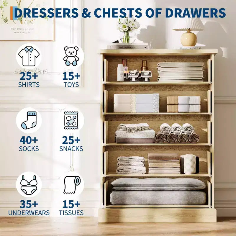 5 Drawer Tall Dresser for Bedroom, Fluted Vertical Chest of Drawers, Wood Storage Dresser with Metal Handles, Space Saving Dresser