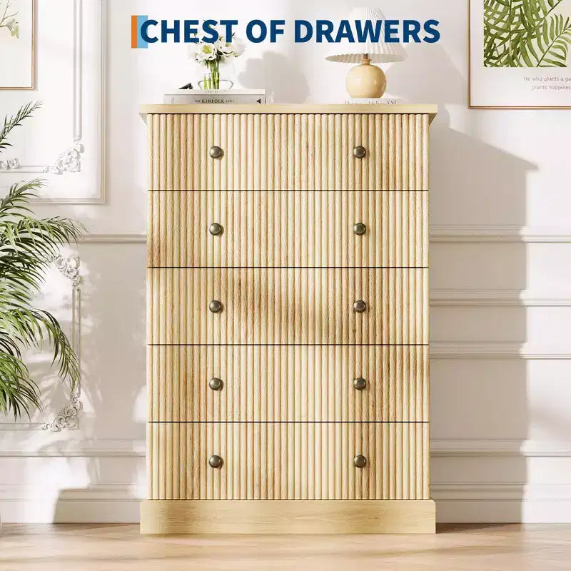 5 Drawer Tall Dresser for Bedroom, Fluted Vertical Chest of Drawers, Wood Storage Dresser with Metal Handles, Space Saving Dresser