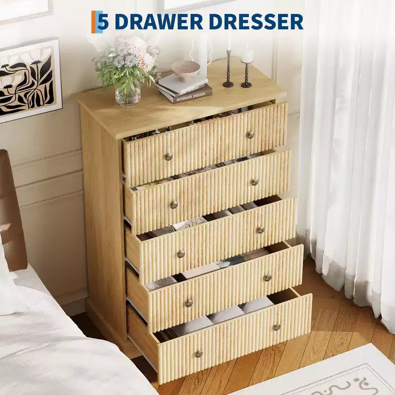 5 Drawer Tall Dresser for Bedroom, Fluted Vertical Chest of Drawers, Wood Storage Dresser with Metal Handles, Space Saving Dresser