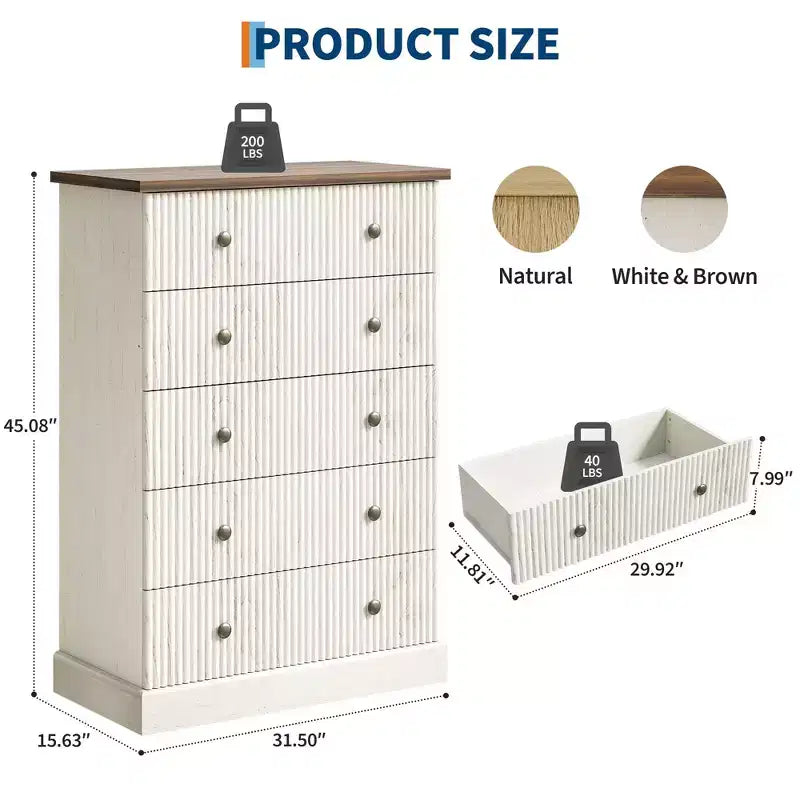 5 Drawer Tall Dresser for Bedroom, Fluted Vertical Chest of Drawers, Wood Storage Dresser with Metal Handles, Space Saving Dresser