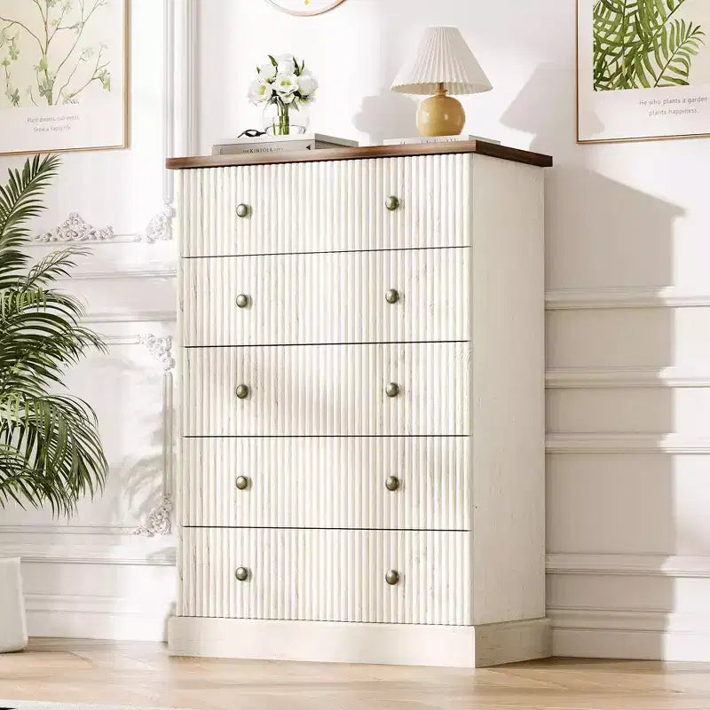 5 Drawer Tall Dresser for Bedroom, Fluted Vertical Chest of Drawers, Wood Storage Dresser with Metal Handles, Space Saving Dresser