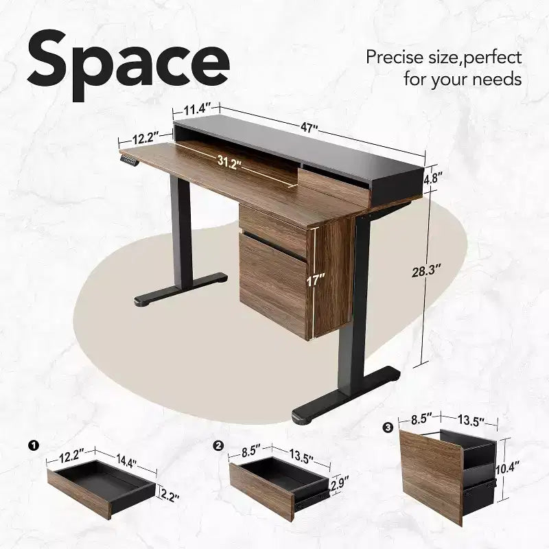 Standing Desk with Drawers and File Cabinet, 47 Inch Electric Height Adjustable Desk with Storage, Ergonomic Stand Up Table with Monitor Stand