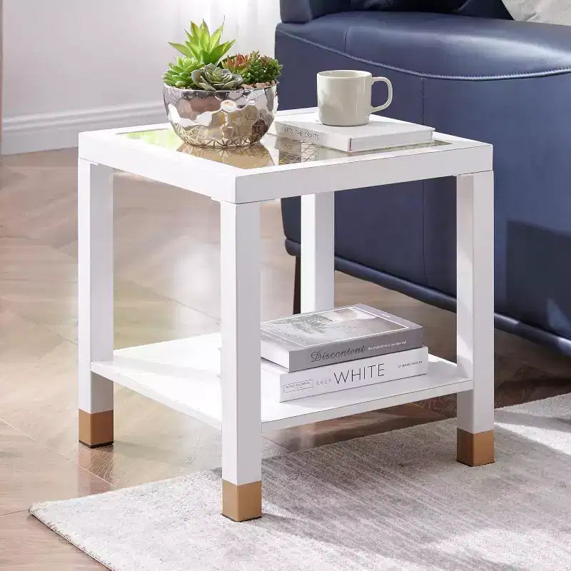 20 Modern 2-Tier Glass End Table with Metal Frame,Versatile Living Room & Bedroom Side Table