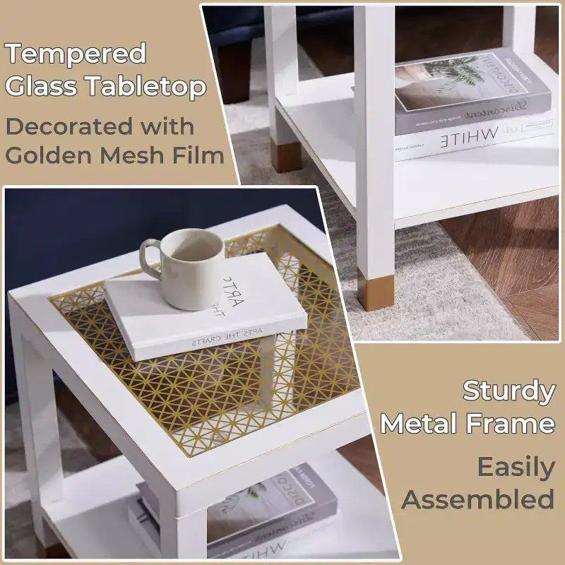 20 Modern 2-Tier Glass End Table with Metal Frame,Versatile Living Room & Bedroom Side Table