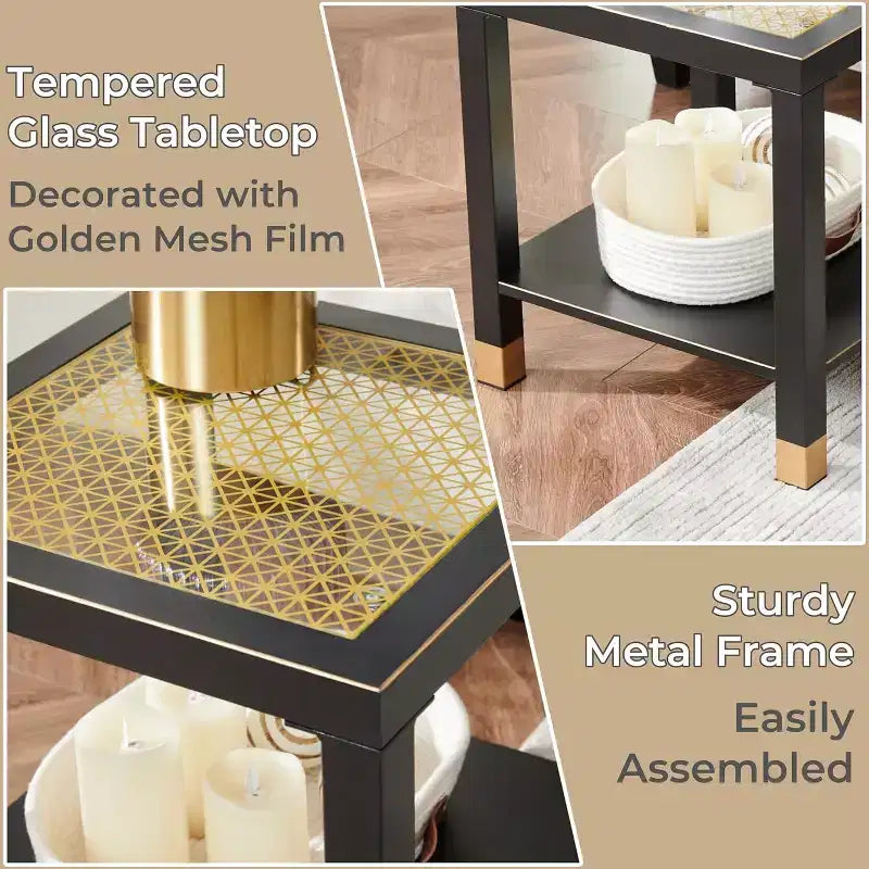 20 Modern 2-Tier Glass End Table with Metal Frame,Versatile Living Room & Bedroom Side Table