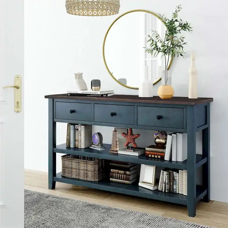 Mid-Century Solid Wood Console Table with 3 Drawers and 2 Shelves
