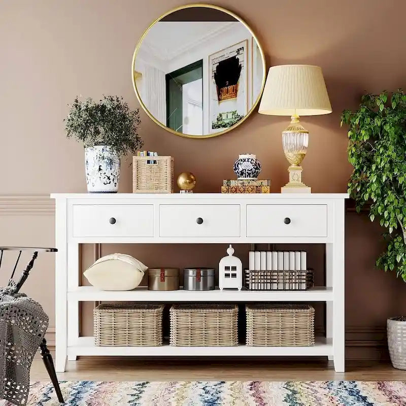Mid-Century Solid Wood Console Table with 3 Drawers and 2 Shelves