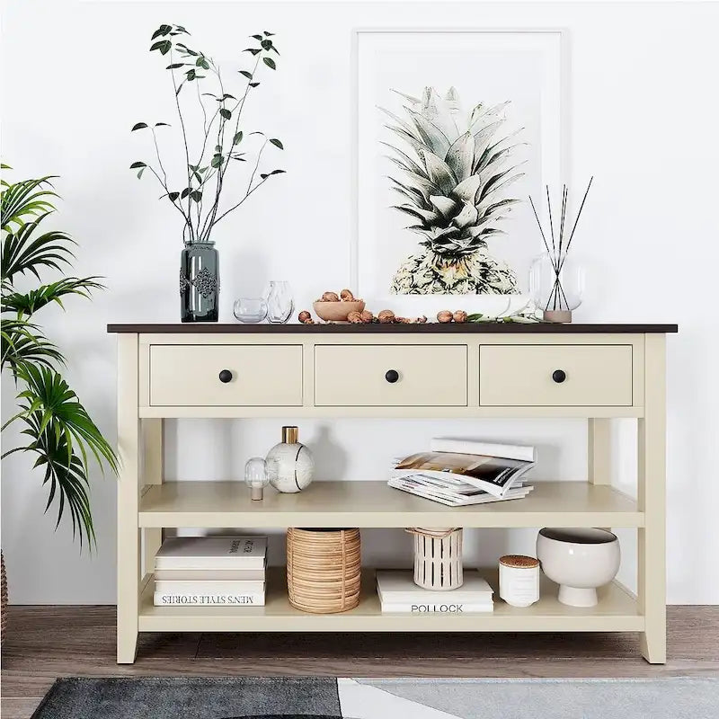 Mid-Century Solid Wood Console Table with 3 Drawers and 2 Shelves