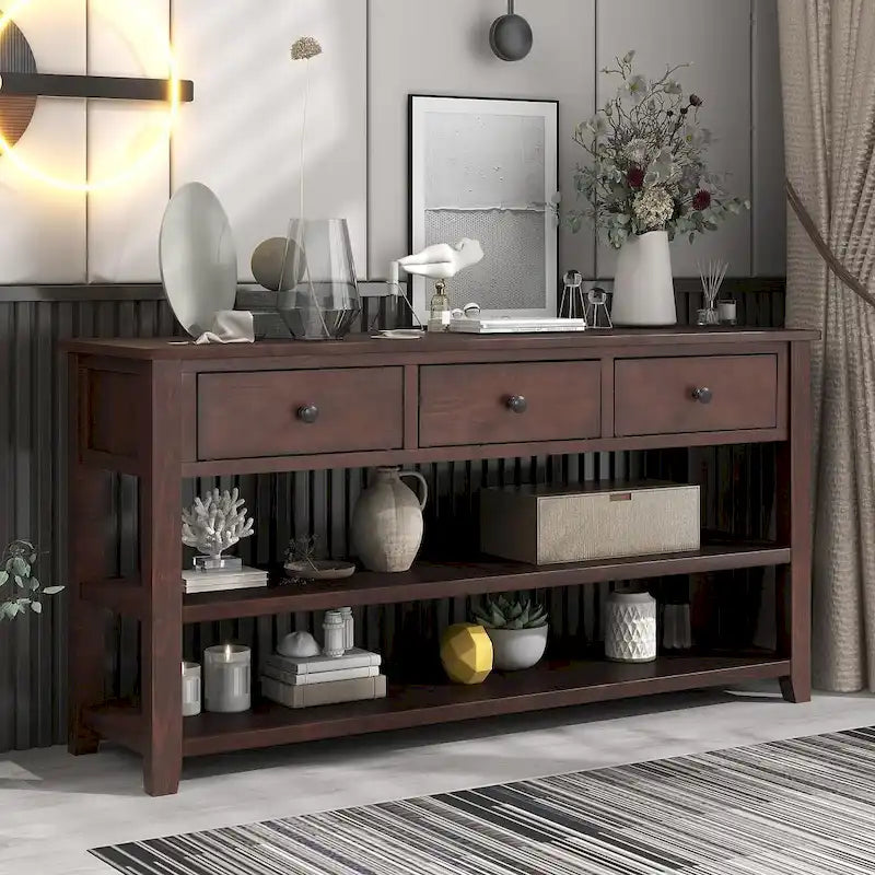 Mid-Century Solid Wood Console Table with 3 Drawers and 2 Shelves