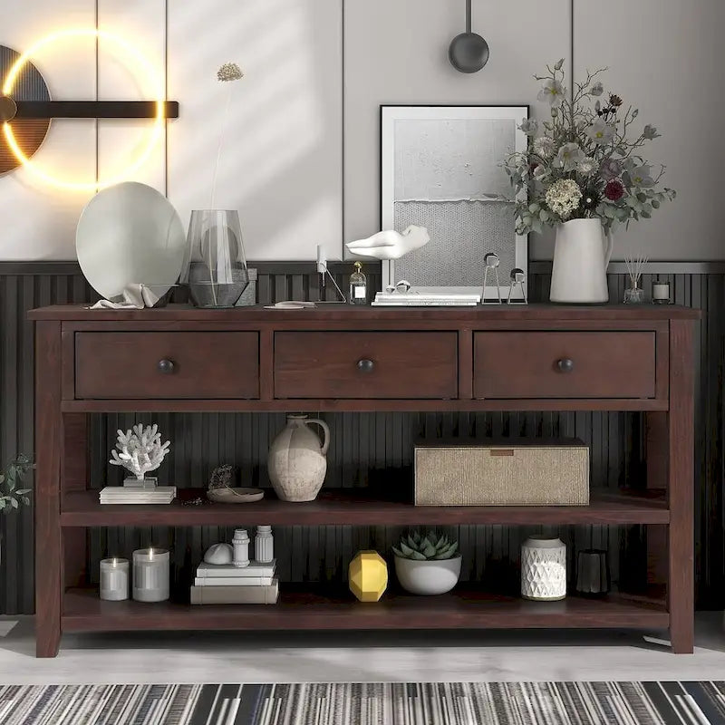 Mid-Century Solid Wood Console Table with 3 Drawers and 2 Shelves