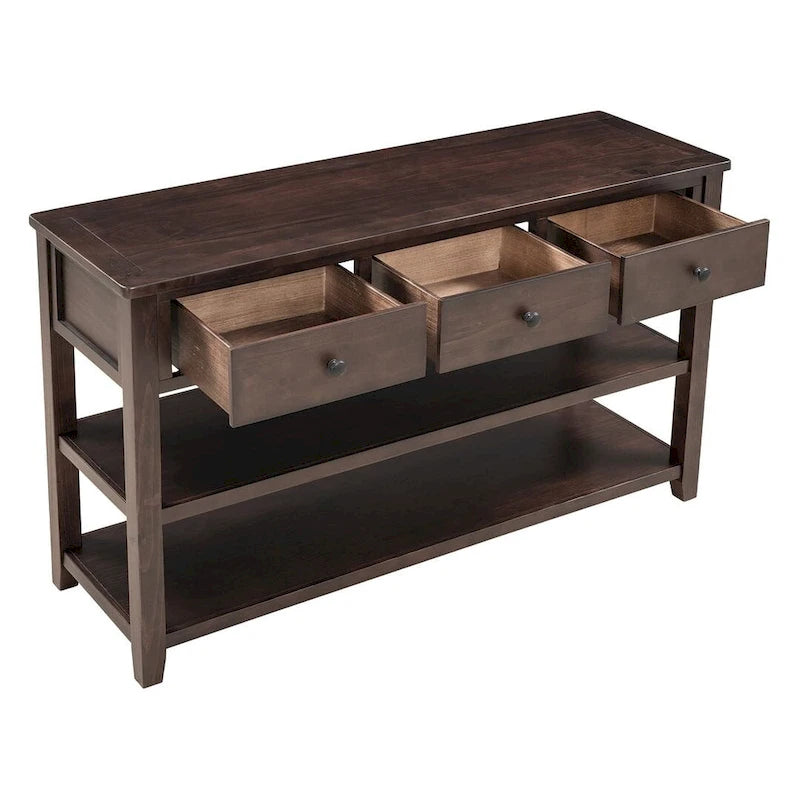 Mid-Century Solid Wood Console Table with 3 Drawers and 2 Shelves