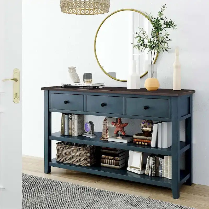 Mid-Century Solid Wood Console Table with 3 Drawers and 2 Shelves