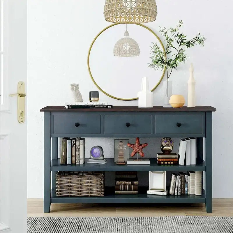 Mid-Century Solid Wood Console Table with 3 Drawers and 2 Shelves