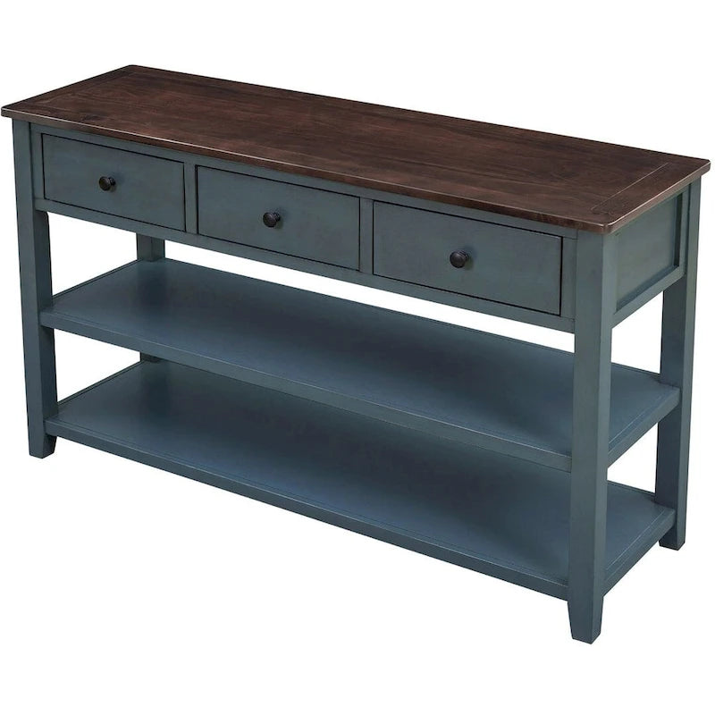 Mid-Century Solid Wood Console Table with 3 Drawers and 2 Shelves