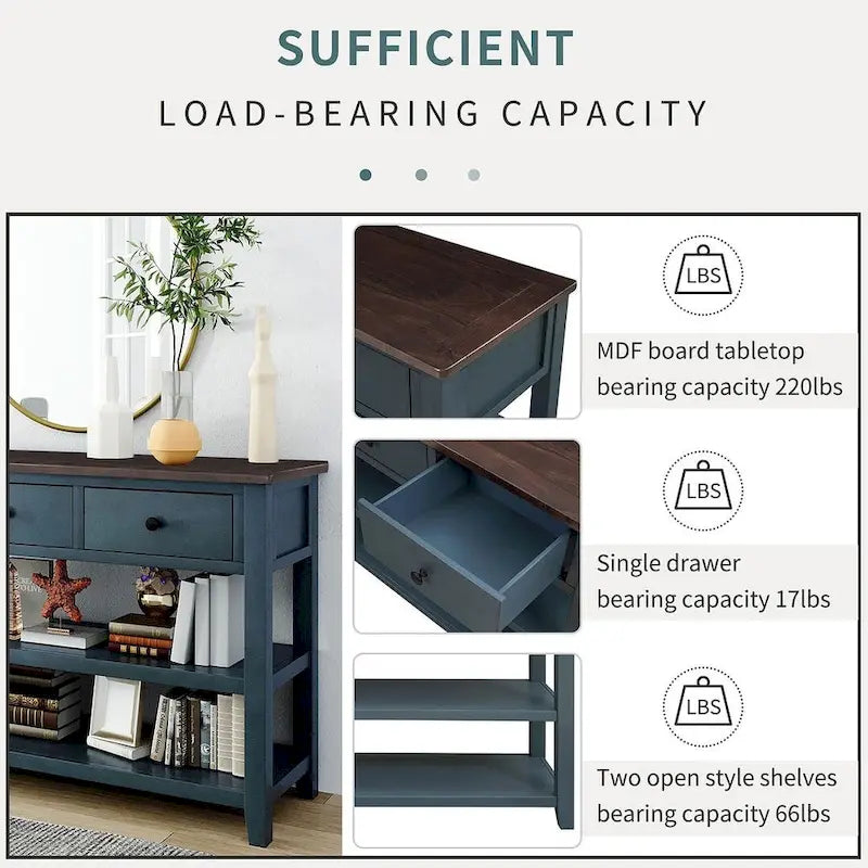 Mid-Century Solid Wood Console Table with 3 Drawers and 2 Shelves