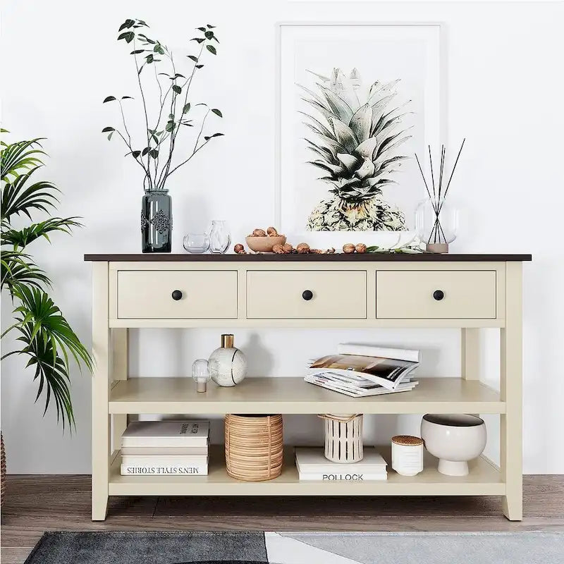 Mid-Century Solid Wood Console Table with 3 Drawers and 2 Shelves