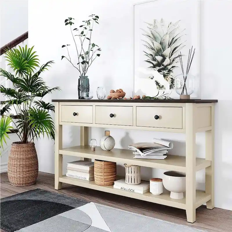 Mid-Century Solid Wood Console Table with 3 Drawers and 2 Shelves