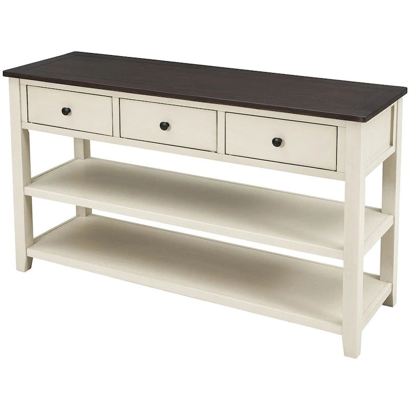 Mid-Century Solid Wood Console Table with 3 Drawers and 2 Shelves