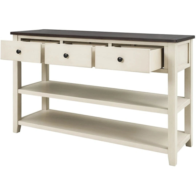 Mid-Century Solid Wood Console Table with 3 Drawers and 2 Shelves