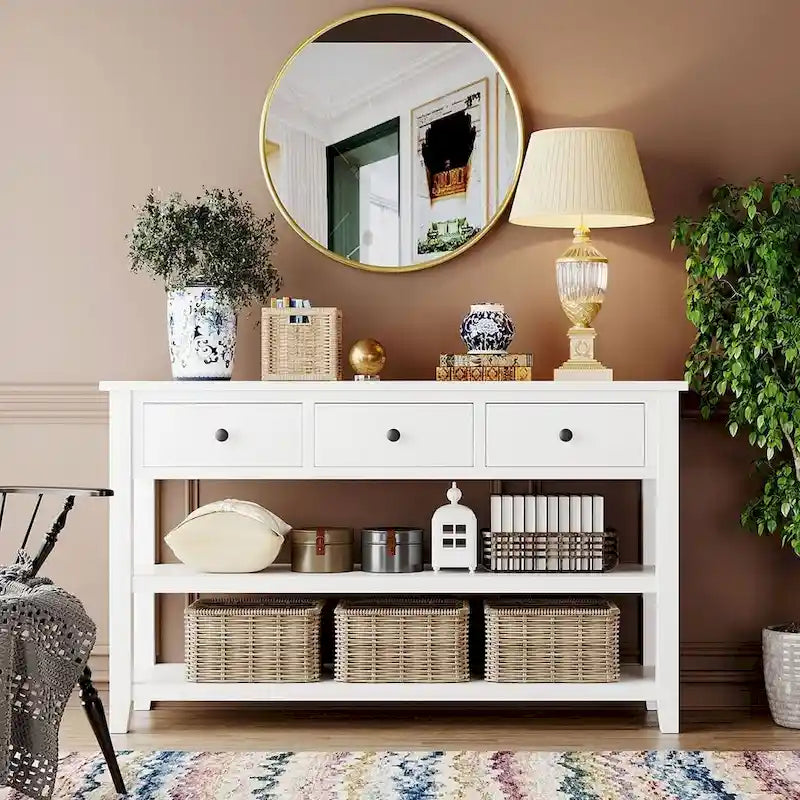 Mid-Century Solid Wood Console Table with 3 Drawers and 2 Shelves