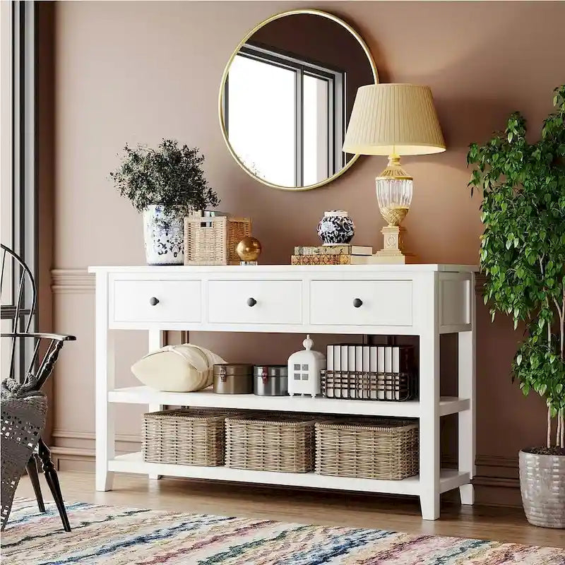 Mid-Century Solid Wood Console Table with 3 Drawers and 2 Shelves