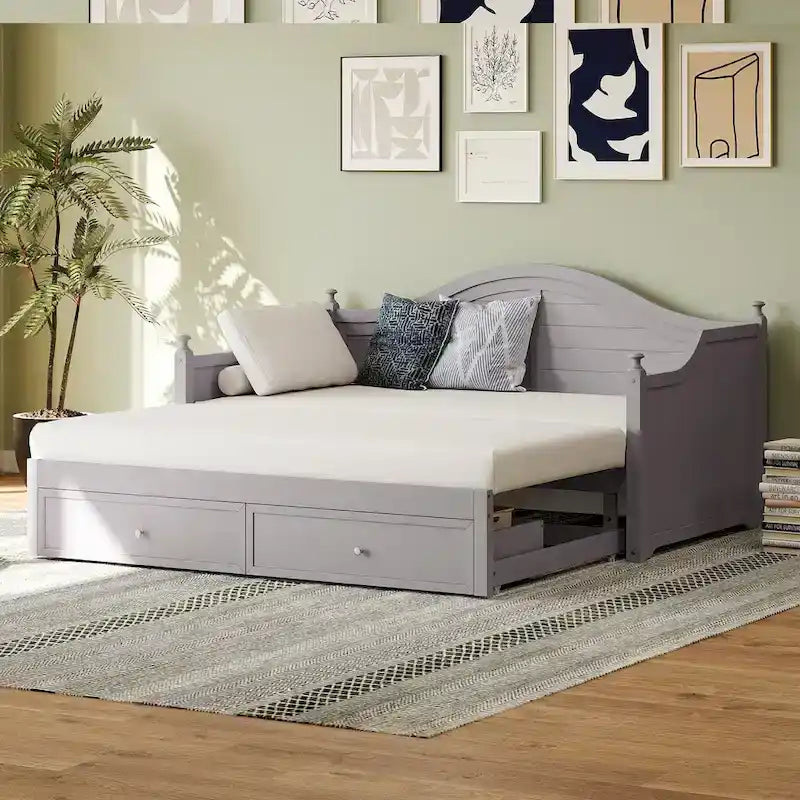 Twin Daybed with Pop-Up Trundle and 2 Storage Drawers, Wood Frame