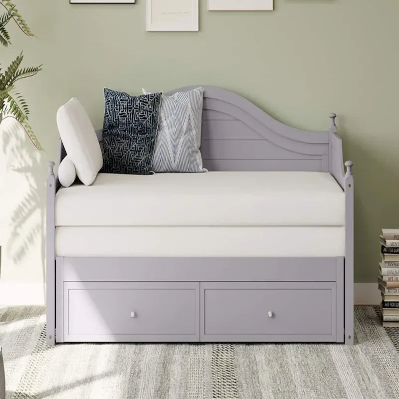 Twin Daybed with Pop-Up Trundle and 2 Storage Drawers, Wood Frame