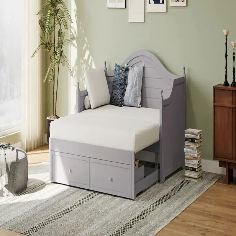 Twin Daybed with Pop-Up Trundle and 2 Storage Drawers, Wood Frame