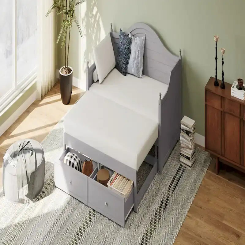 Twin Daybed with Pop-Up Trundle and 2 Storage Drawers, Wood Frame