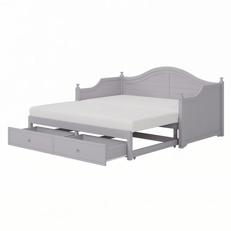 Twin Daybed with Pop-Up Trundle and 2 Storage Drawers, Wood Frame