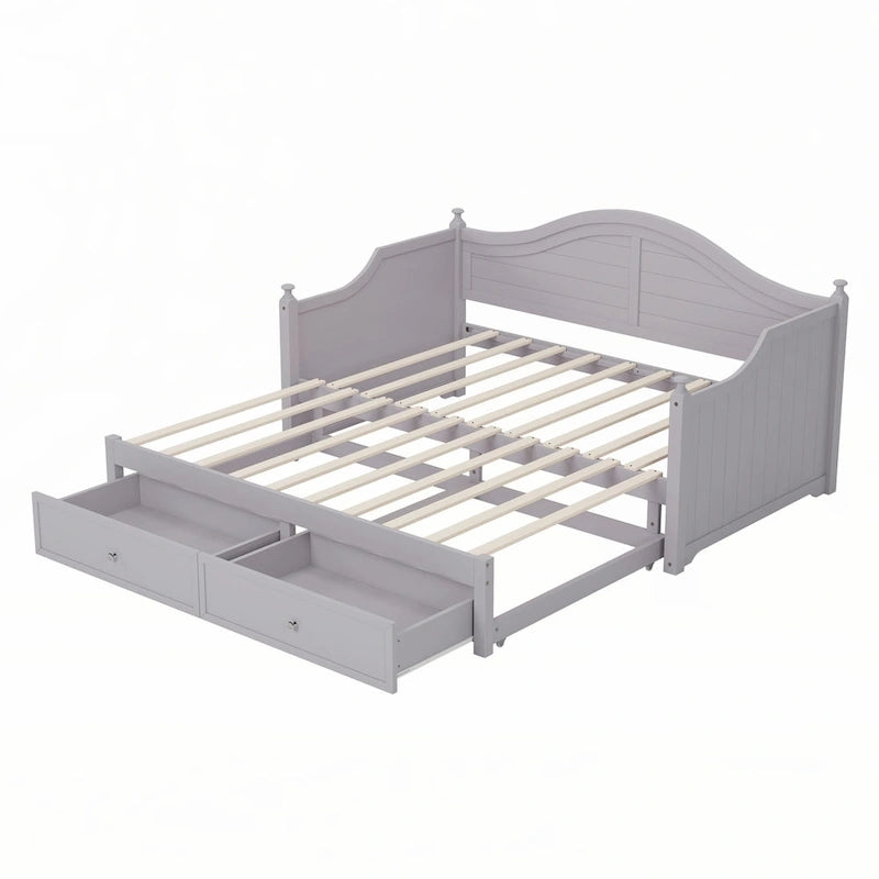 Twin Daybed with Pop-Up Trundle and 2 Storage Drawers, Wood Frame