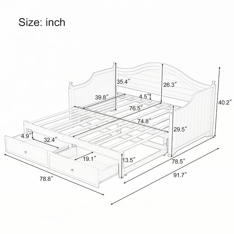 Twin Daybed with Pop-Up Trundle and 2 Storage Drawers, Wood Frame