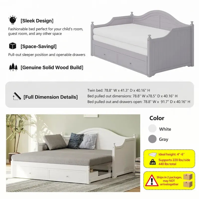 Twin Daybed with Pop-Up Trundle and 2 Storage Drawers, Wood Frame