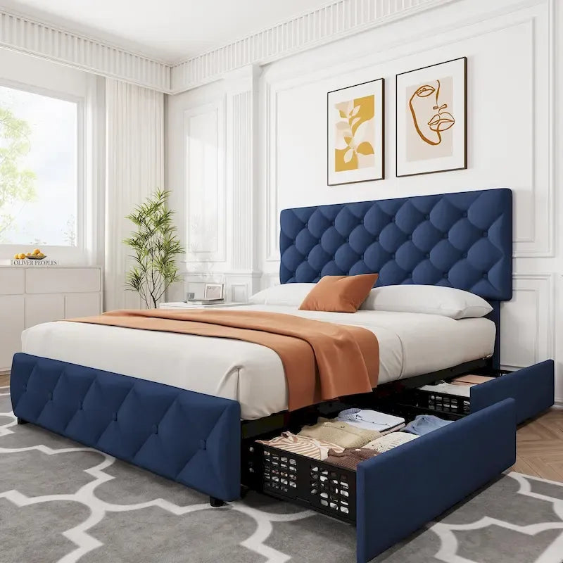 Linen Platform Bed Frame with Adjustable Headboard and 4 Storage Drawers