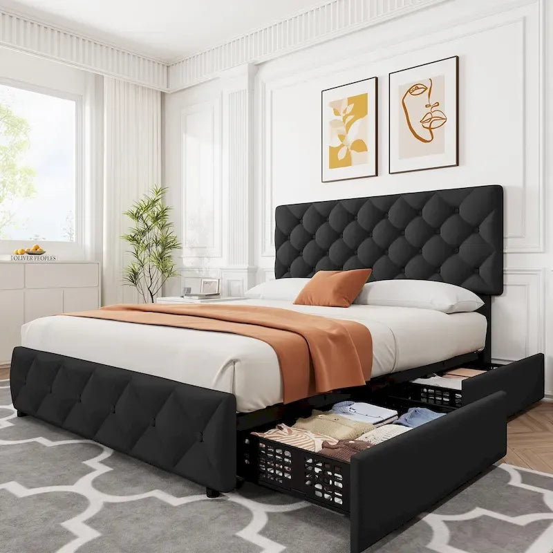 Linen Platform Bed Frame with Adjustable Headboard and 4 Storage Drawers