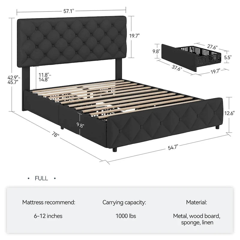 Linen Platform Bed Frame with Adjustable Headboard and 4 Storage Drawers