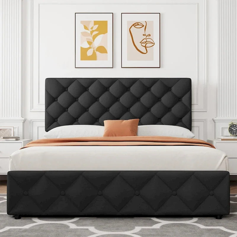 Linen Platform Bed Frame with Adjustable Headboard and 4 Storage Drawers