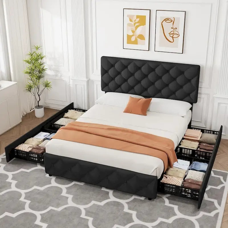 Linen Platform Bed Frame with Adjustable Headboard and 4 Storage Drawers