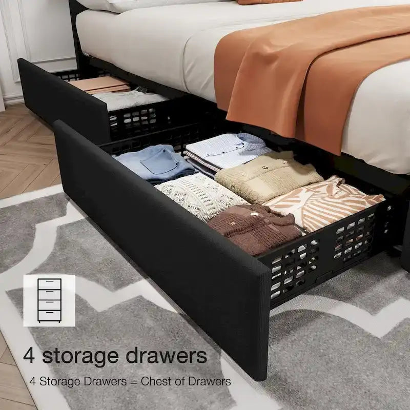 Linen Platform Bed Frame with Adjustable Headboard and 4 Storage Drawers