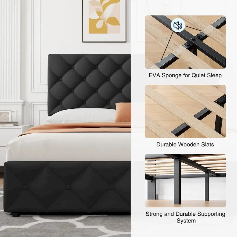 Linen Platform Bed Frame with Adjustable Headboard and 4 Storage Drawers