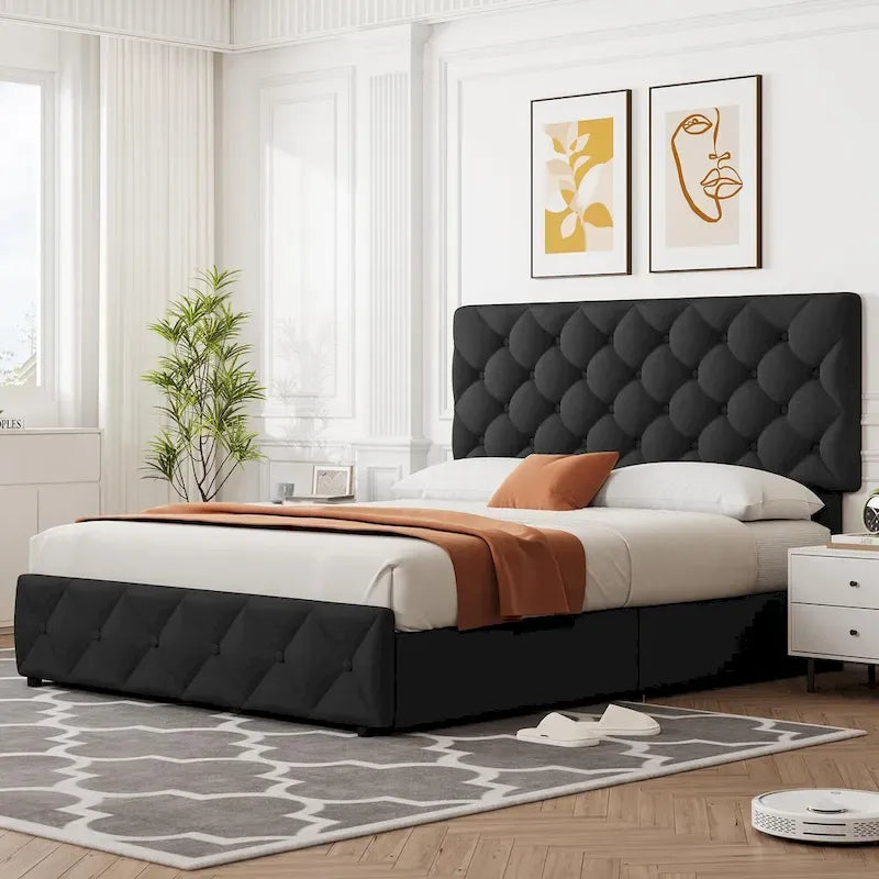 Linen Platform Bed Frame with Adjustable Headboard and 4 Storage Drawers