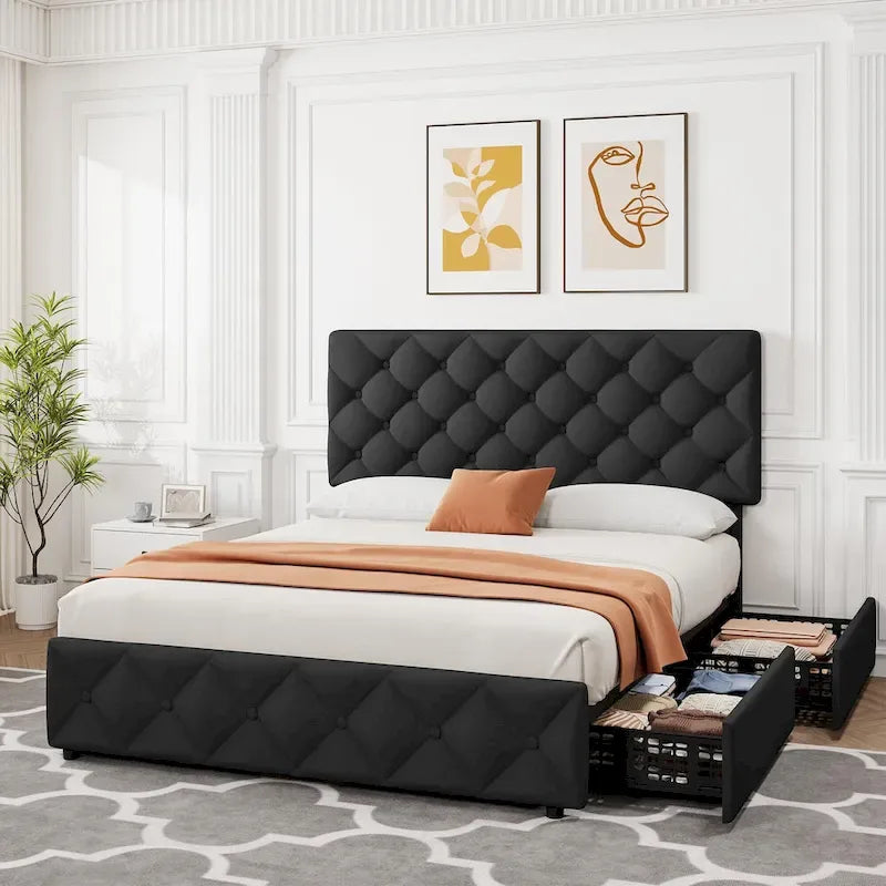 Linen Platform Bed Frame with Adjustable Headboard and 4 Storage Drawers