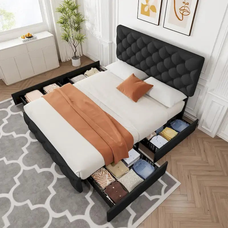 Linen Platform Bed Frame with Adjustable Headboard and 4 Storage Drawers