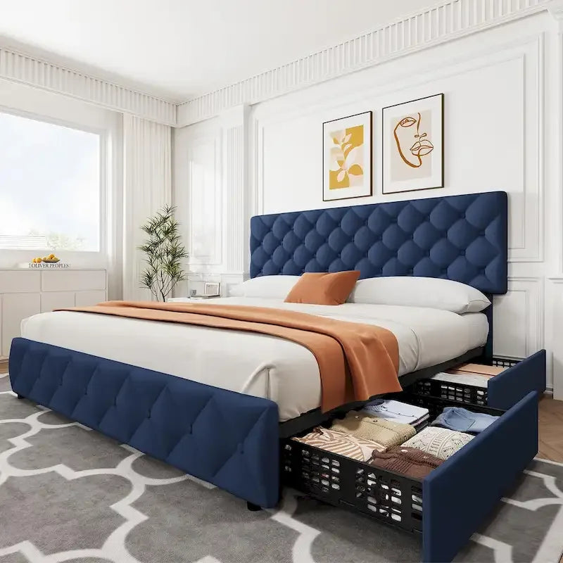 Linen Platform Bed Frame with Adjustable Headboard and 4 Storage Drawers