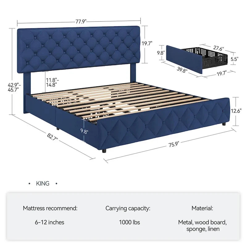 Linen Platform Bed Frame with Adjustable Headboard and 4 Storage Drawers