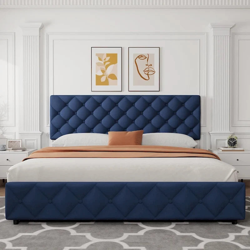 Linen Platform Bed Frame with Adjustable Headboard and 4 Storage Drawers