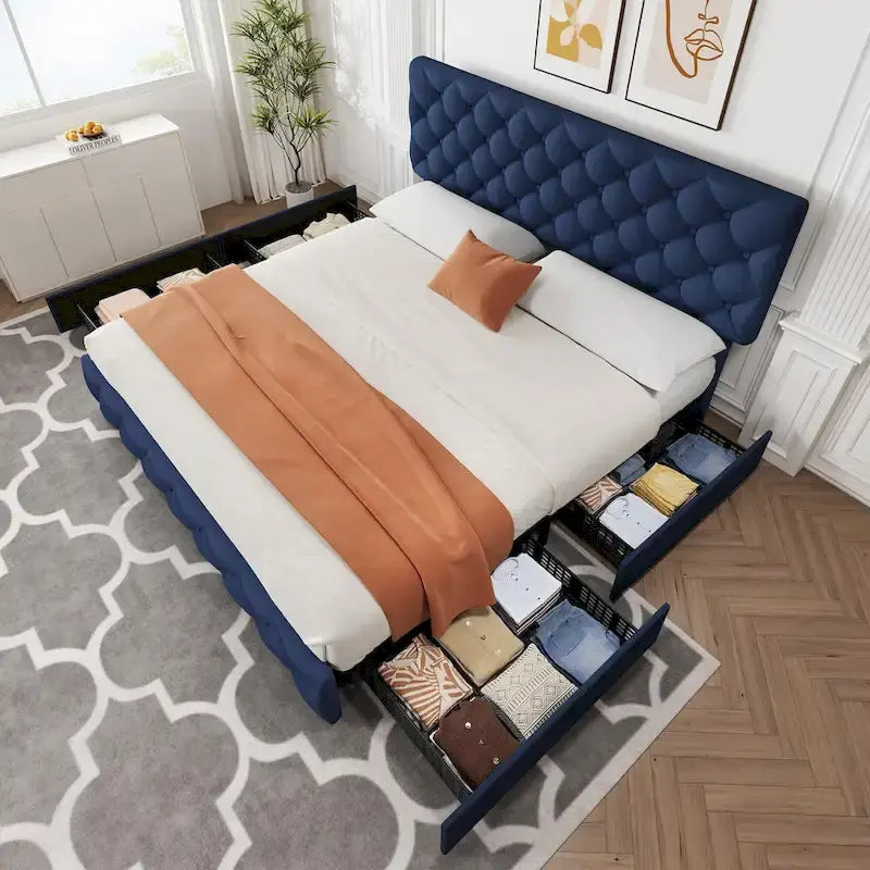 Linen Platform Bed Frame with Adjustable Headboard and 4 Storage Drawers