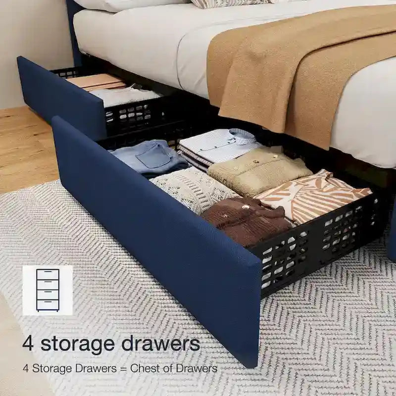 Linen Platform Bed Frame with Adjustable Headboard and 4 Storage Drawers